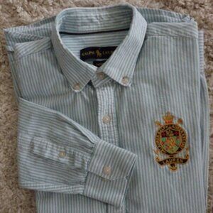 Ralph Lauren Men's Long Sleeve Shirt Green White Large Embroidered Crest Preppy